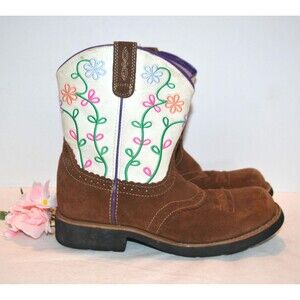 Vintage Western Boot Embroidered Flower Ariat Square Toe Pull On